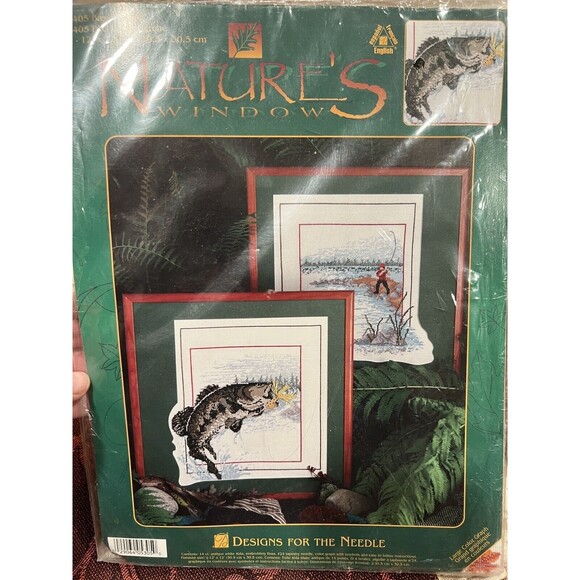 Designs For The Needle Counted Cross Stitch Bass Fishing Natures window 5405 New - Picture 1 of 2